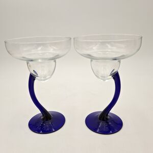 Libby Bravura Margarita Glasses Cobalt Blue Curved Stem 7.25" Set Of 2